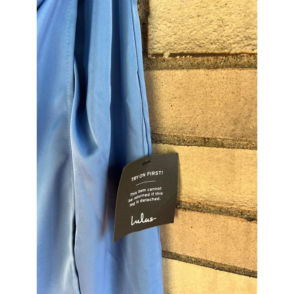 NWT Lulus Blue Satin Faux Wrap Mini Dress XS Party Cocktail Cross Back Straps - Picture 2 of 5